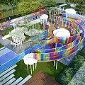 Vibrant Garden Landscape Design With Rainbow Structure Cloud Decor And Colorful Activity Areas