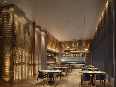 Modern Restaurant Interior Design With Dining Tables Warm Lighting And Metal Screens 3d model
