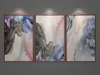 Abstract Paintings Three Watercolor Style Purple Blue Pink Gray Flowing Textures Brown Framed Wall Decor 3d model
