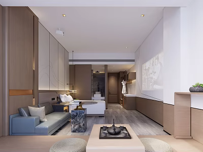 Modern Hotel Guest Room Interior Design With Sofa Bed Coffee Table Wooden Cabinets Decorative Painting 3d model