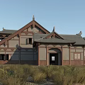 Ancient Architecture with Curved Eaves Wooden Structure and Traditional Roof in Natural Grassland