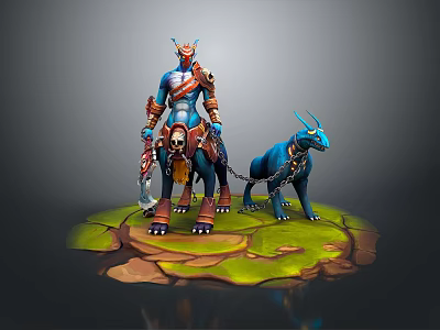 Red And Blue Armored Warrior With Horned Blue Creature On Mossy Green Platform 3d model