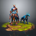 Red And Blue Armored Warrior With Horned Blue Creature On Mossy Green Platform