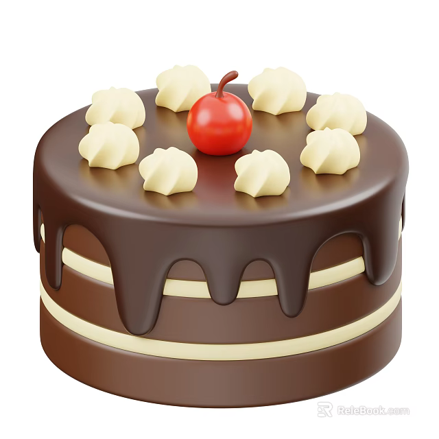 Delicious Chocolate Cake With Chocolate Drizzle Cream Swirls And Cherry 3d model 