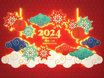 Chinese New Year 2024 Art Installation With Lanterns Flowers Cloud Patterns On Red Background 3d model