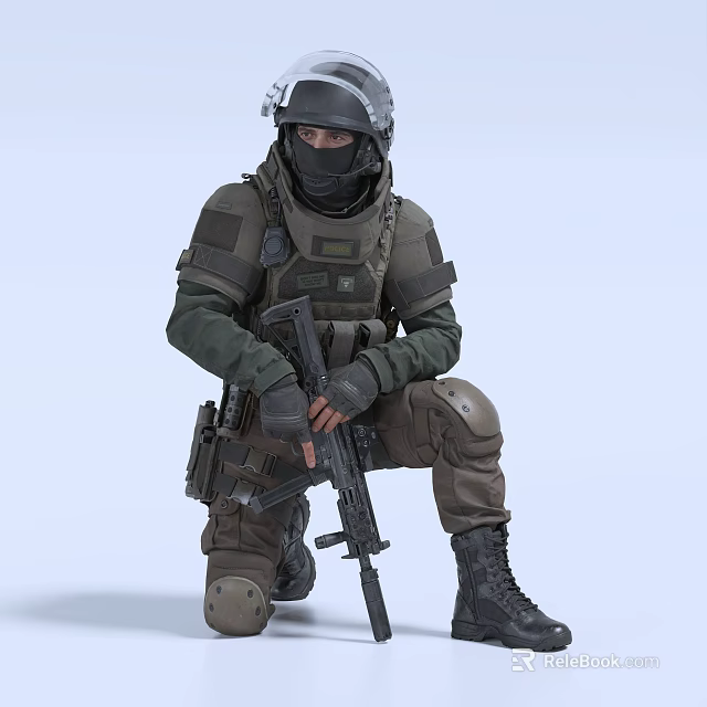 A Man in Tactical Gear Wearing Helmet and Mask Holding Rifle in Kneeling Position 3d model 