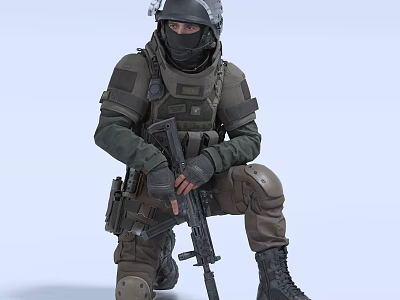 A Man in Tactical Gear Wearing Helmet and Mask Holding Rifle in Kneeling Position 3d model