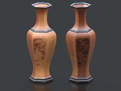 Pair of Traditional Copper Colored Hexagonal Vases with Flower Patterns and Carved Details 3d model