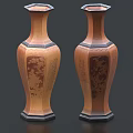Pair of Traditional Copper Colored Hexagonal Vases with Flower Patterns and Carved Details