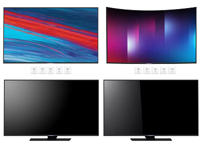 Curved and Flat Screen Televisions with Colorful On Displays and Black Off Screens 3d model