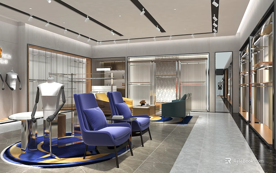 Modern Clothing Store Interior With Stylish Display Racks Comfortable Seating And Elegant Lighting 3d model 