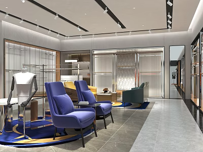 Modern Clothing Store Interior With Stylish Display Racks Comfortable Seating And Elegant Lighting 3d model
