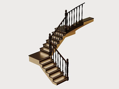 Curved Staircase Design With Black Metal Railing And Wooden Steps 3d model