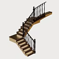 Curved Staircase Design With Black Metal Railing And Wooden Steps