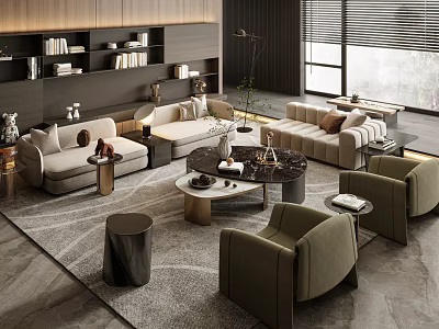 Modern Living Room Sofa And Coffee Table Set With Rugs Armchairs And Decor Shelves 3d model