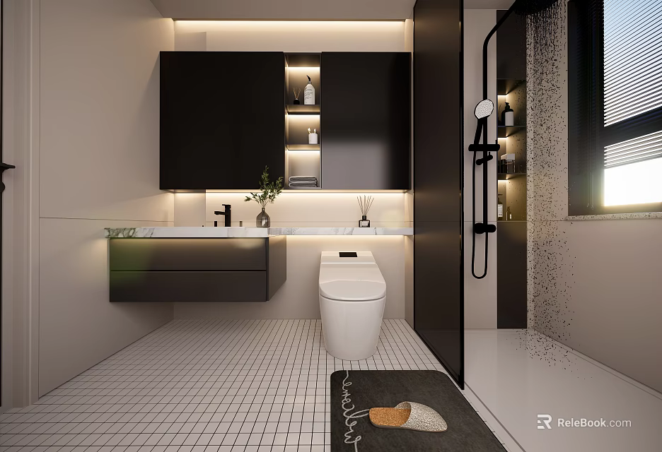 Modern Bathroom Interior With Vanity Mirror Cabinet Toilet Shower Area And Tile Floor 3d model 
