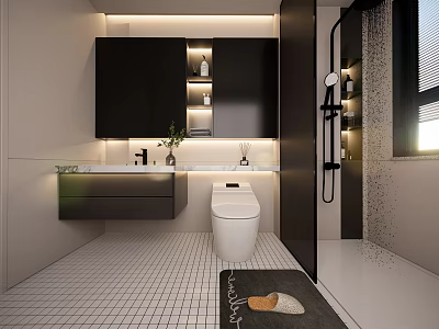 Modern Bathroom Interior With Vanity Mirror Cabinet Toilet Shower Area And Tile Floor 3d model