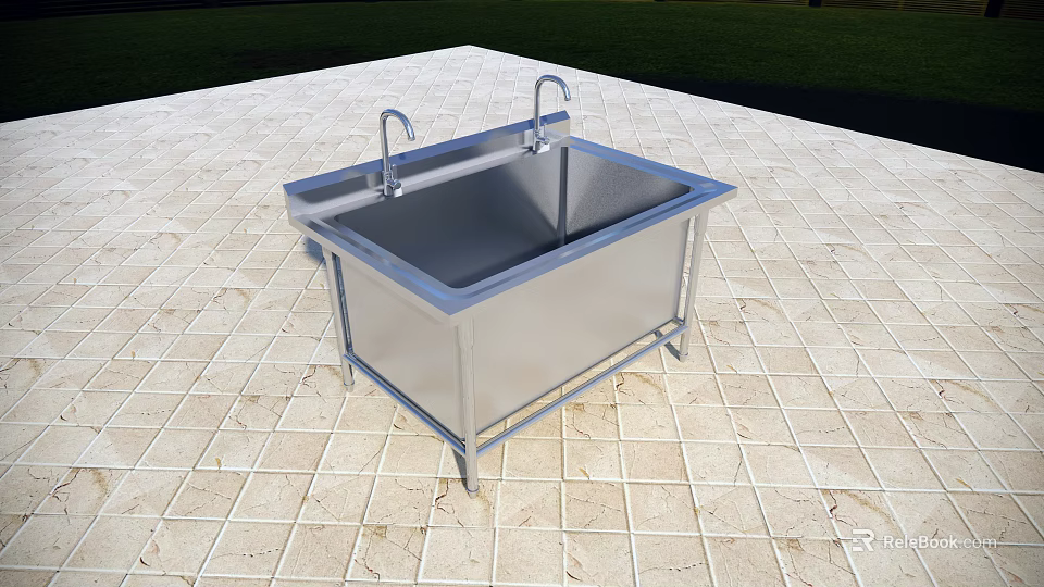 Canteen Stainless Steel Double Sink With Two Faucets On Tile Floor 3d model 
