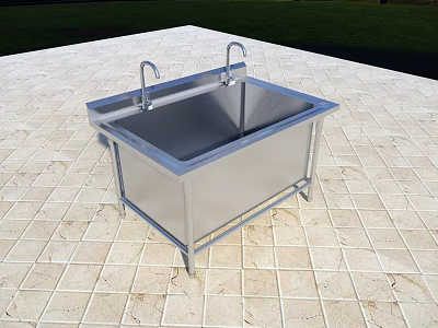 Canteen Stainless Steel Double Sink With Two Faucets On Tile Floor 3d model