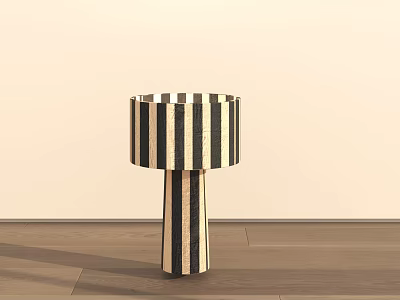Modern Minimalist Table Lamp With Black And White Striped Lampshade And Base On Wooden Floor 3d model