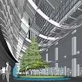 Modern Public Building with Curved Roof at Night Pedestrians Walking Near Trees in Plaza