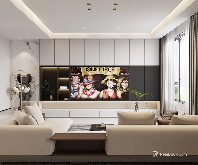 Modern Living Dining Room Interior With Sofa TV Wall And Decorative Plants 3d model 