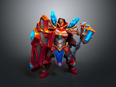 Armored Fantasy Warrior With Mythical Creature Inspired Armor Shield And Glowing Battle Axe 3d model