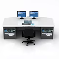 Modern Office Desk Interior With Dual Monitors Keyboard Office Chair And Control Panel