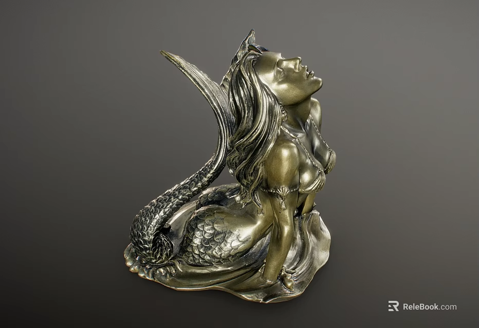 Elegant Mermaid Sculpture Carving With Intricate Scales Long Hair And Metal Finish 3d model 