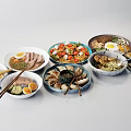 Assorted Food Dishes on White Background with Noodles Meat Seafood and Eggs