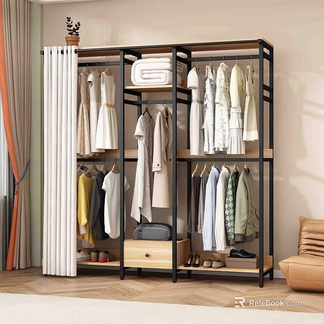 Open Wardrobe with Metal Frame Wooden Shelves Multiple Hanging Rods and Clothes Storage 3d model 