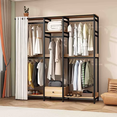 Open Wardrobe with Metal Frame Wooden Shelves Multiple Hanging Rods and Clothes Storage 3d model