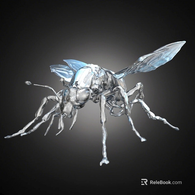 Silver Metallic Flying Animal With Transparent Wings And Mechanical Sci Fi Insect Form 3d model 