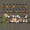 Stylish Kitchenware Display On Wooden Wall Shelves With Glass Jars Plates Bowls And Plant