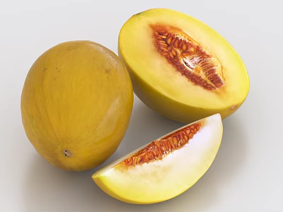 Whole Yellow Melon with Halved Sections Red Flesh Seeds and Fan Shaped Slice 3d model