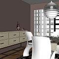 Modern Dining Table Set With White Chairs Tablecloth And Pendant Light In Wooden Floor Room