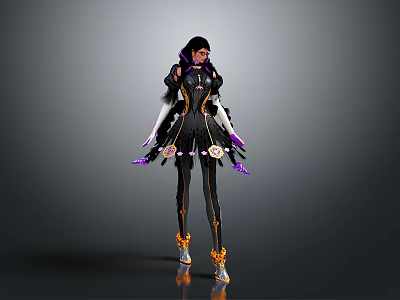 Woman in Black Outfit With Purple Gold Accents Long Gloves And Decorative Boots 3d model