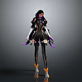 Woman in Black Outfit With Purple Gold Accents Long Gloves And Decorative Boots