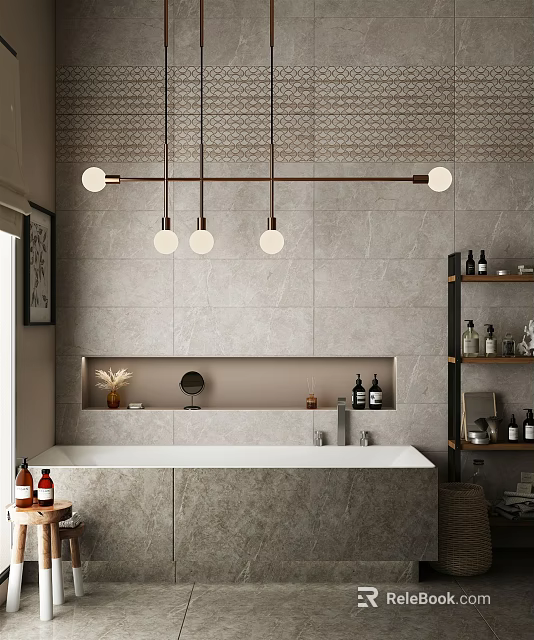 Modern Bathtub Interior Design With Gray Tiled Wall Pendant Lights Niche And Bath Products 3d model 