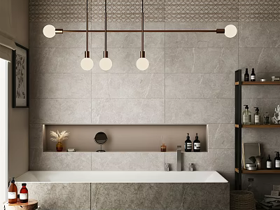 Modern Bathtub Interior Design With Gray Tiled Wall Pendant Lights Niche And Bath Products 3d model