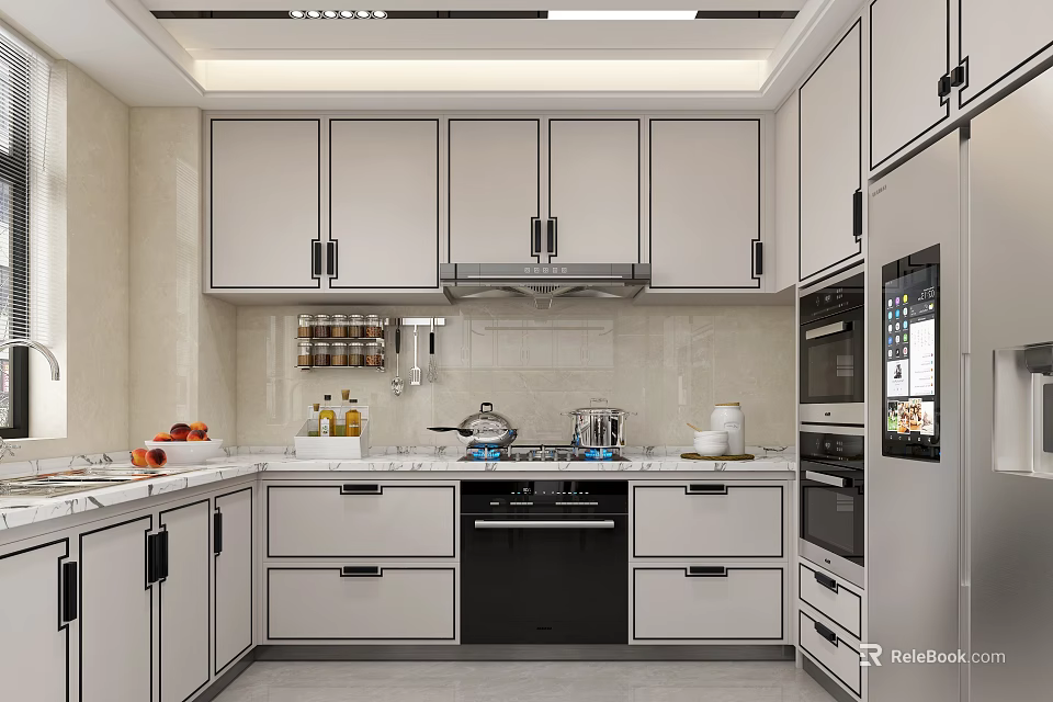 Modern Kitchen Interior Design With White Cabinets And Black Appliances 3d model