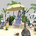 Tropical Beach Scene With Palm Trees Striped Umbrella Deck Chair Lifebuoy Boat And Blue Water