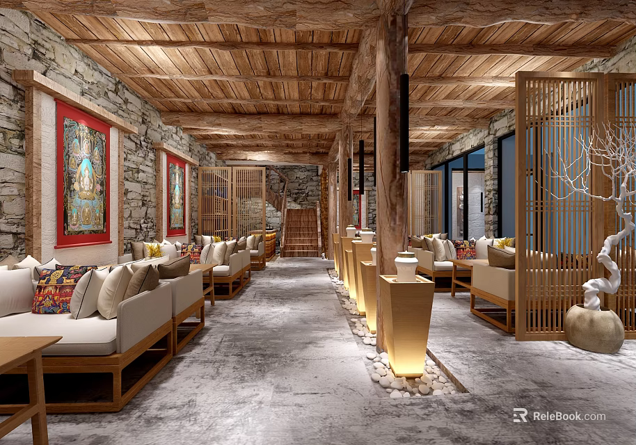 Traditional Chinese Interior Space With Wooden Ceiling Stone Walls Red Paintings And Beige Sofas 3d model 
