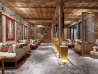 Traditional Chinese Interior Space With Wooden Ceiling Stone Walls Red Paintings And Beige Sofas 3d model