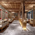 Traditional Chinese Interior Space With Wooden Ceiling Stone Walls Red Paintings And Beige Sofas