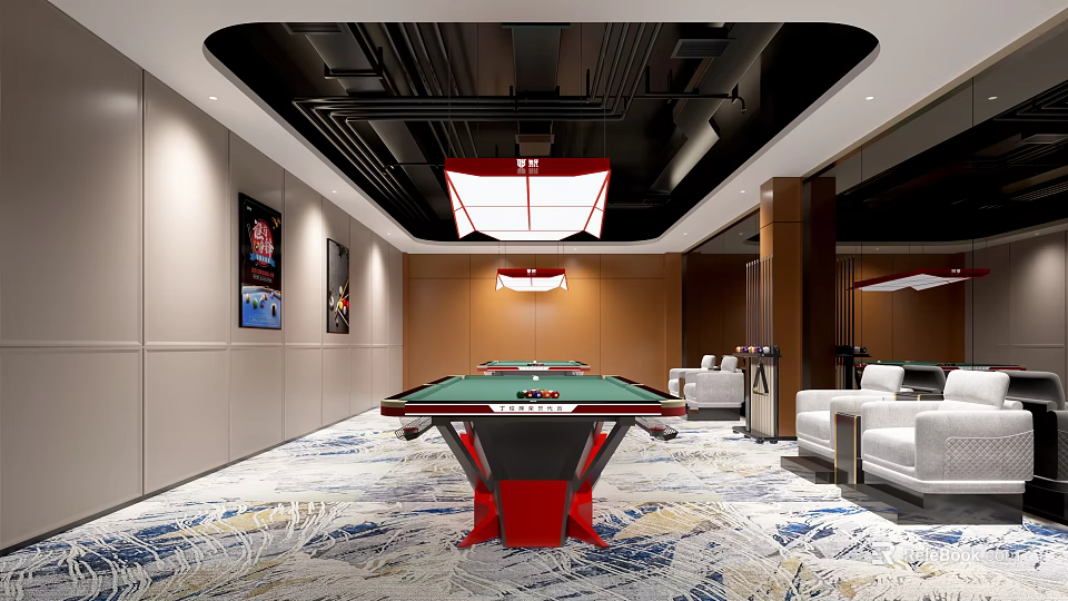 Elegant Billiard Room Interior With Green Pool Table Red Lighting And White Sofas 3d model 
