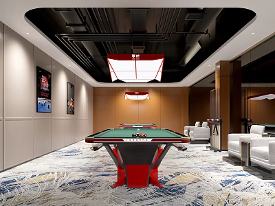 Elegant Billiard Room Interior With Green Pool Table Red Lighting And White Sofas 3d model