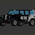 Rugged Off Road Car With Camouflage Pattern White Stripes Round Headlights And Large Tires
