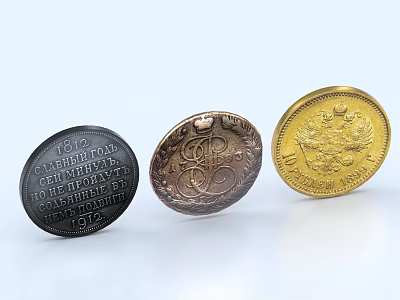 Sculpted Vintage Coins with Intricate Inscriptions and Emblem Designs 3d model