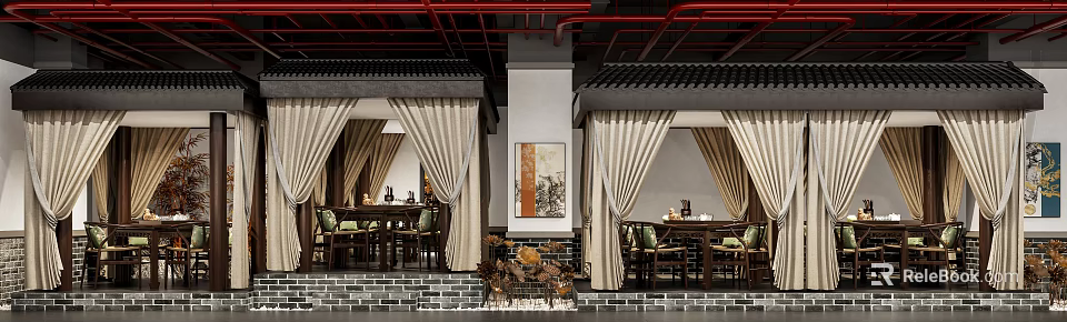 Traditional Chinese Teahouse Interior With Wooden Furniture Decorative Paintings And Curtains 3d model 